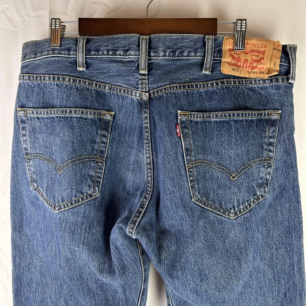 Levis 501 Jeans Mens 38x33‎ (tag 38x34) Blue Button Fly Straight Leg Denim